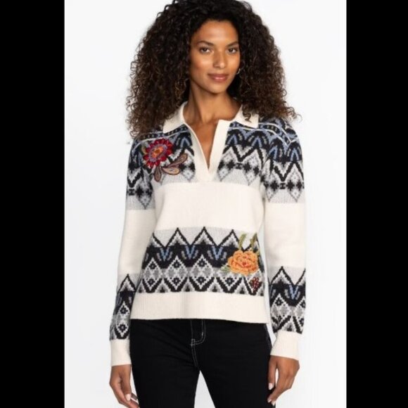 NWT Johnny Was The Fairisle Polo Sweater Wool/Cashmere Ecru Large - Picture 6 of 13